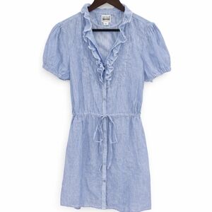 Converse Blue Ruffle Neck Pinstripe Cotton Shirt Mini Dress Sz Lg